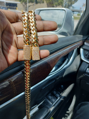 14k Gold Plated Miami Cuban Link 12mm 24inch Chain Cz Diamond lock