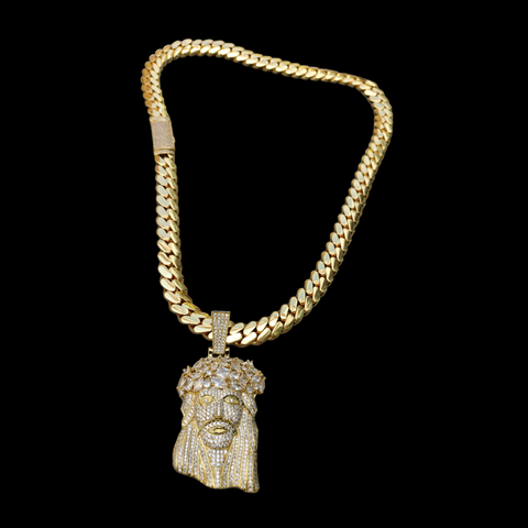 Gold plated Miami Cuban Link 12mm Chain CZ Diamond lock and Jesus piece