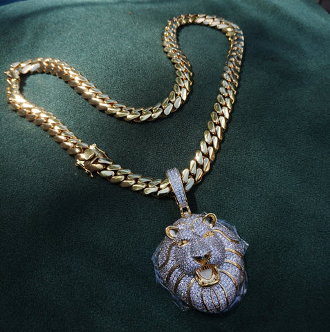 14k Gold plated Miami Cuban Link 12mm Chain and CZ Diamond Lion 🦁 pendant