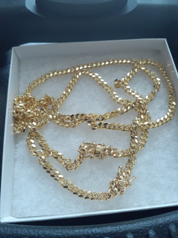 10k 3mm Gold Over 925 Silver Cuban link Chain and Bracelet Set