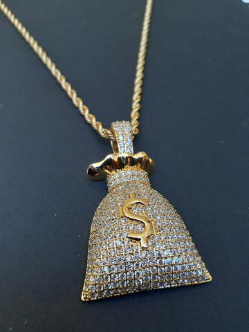 Iced out Money Bag gold plated pendant