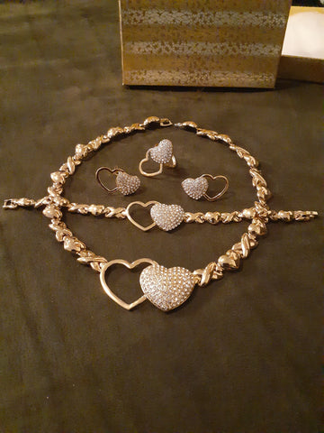 14k Gold Filled Womens Fancy! Double Heart I LOVE You 💖 Xoxo Hugs and Kisses 4 piece Full Set Chain, Ring, Bracelet and Earrings