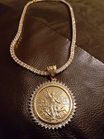 14k Ice out Gold filled 20inch Tennis and 50 peso Charm