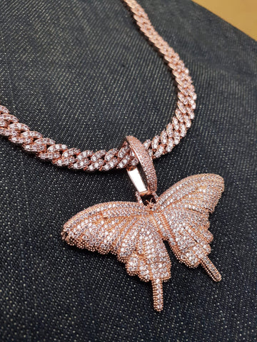 (IM ICEY) Women cool iced out Sparking Bling 14k Rose gold Plated  AAA CZ Butterfly Pendant and 6mm Iced Out Cuban link Necklace