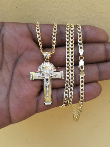 10K 3mm Diamond Cut Gold Over 925 Silver Cuban link Chain Bracelet and Pendant set