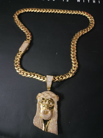 Gold plated Miami Cuban Link 15mm Chain CZ Diamond lock and Jesus piece