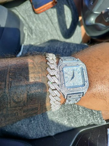 14k white gold plated iced out prong bracelet and iced out watch