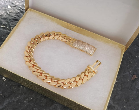 14k Gold Plated Miami Cuban Link 12mm Bracelet Cz Diamond Curve lock