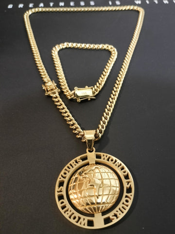 14k Gold Plated 6mm Cuban Link Chain Pendant and Bracelet Set