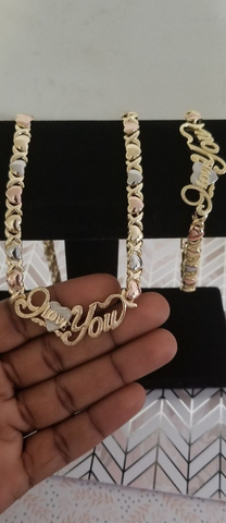 14k Tri Color Gold Filled Womens I LOVE You 💖 Xoxo Hugs and Kisses Full Set Chain And Bracelet