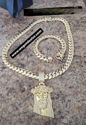 14k Gold plated Miami Cuban Link 15mm Chain bracelet and pendant