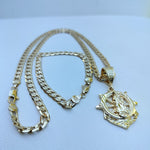 14k Gold Filled 6mm Cuban Link Chain Bracelet and Pendant Set