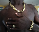 14k gold-plated 18mm Flat Cuban link chain and bracelet set