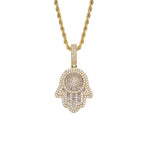 18K Gold Plated Bling CZ Simulated Diamond Iced Out Hand of Fatima Pendant Necklace Chain