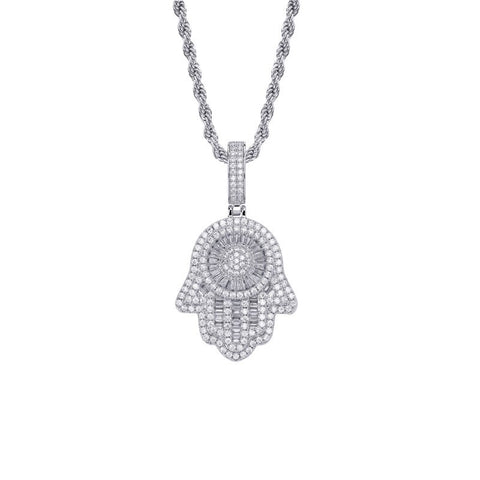 18K Gold Plated Bling CZ Simulated Diamond Iced Out Hand of Fatima Pendant Necklace Chain