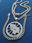 14k 6mm Gold Plated Cuban Link Chain Pendant and Bracelet Set