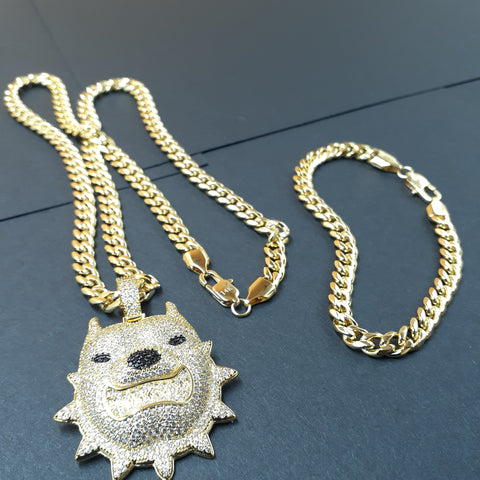 14k 6mm Gold Plated Cuban link Chain bracelet and Pendant