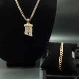 14k 6mm Gold Plated Cuban link Chain bracelet and Pendant