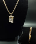 14k 6mm Gold Plated Cuban link Chain bracelet and Pendant