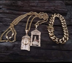 14k Gold plated 3mm Cuban link 2 chains 2 Pedants and 12mm Bracelet set
