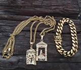 14k Gold plated 3mm Cuban link 2 chains 2 Pedants and 12mm Bracelet set