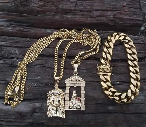 14k Gold plated 3mm Cuban link 2 chains 2 Pedants and 12mm Bracelet set