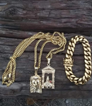 14k Gold plated 3mm Cuban link 2 chains 2 Pedants and 12mm Bracelet set