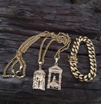 14k Gold plated 3mm Cuban link 2 chains 2 Pedants and 12mm Bracelet set