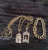 14k Gold plated 3mm Cuban link 2 chains 2 Pedants and 12mm Bracelet set