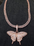 (IM ICEY) Women cool iced out Sparking Bling 14k Rose gold Plated  AAA CZ Butterfly Pendant and 6mm Iced Out Cuban link Necklace