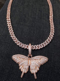 (IM ICEY) Women cool iced out Sparking Bling 14k Rose gold Plated  AAA CZ Butterfly Pendant and 6mm Iced Out Cuban link Necklace