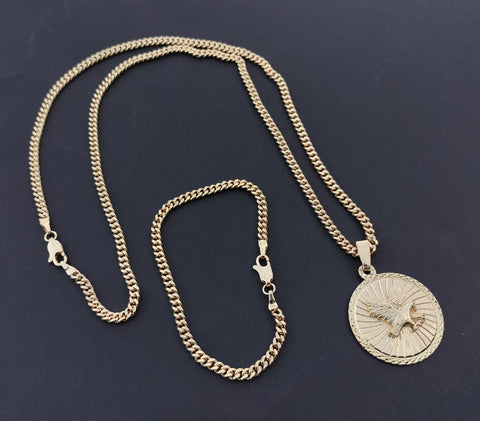 14k Gold Filled 3mm Cuban Link Chain Bracelet and Pendant Set