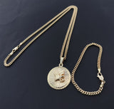 14k Gold Filled 3mm Cuban Link Chain Bracelet and Pendant Set