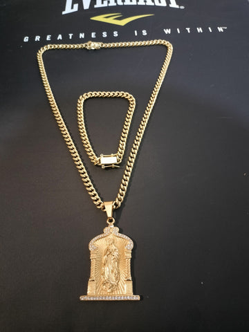 14k Gold Plated 6mm Cuban Link Chain Pendant and Bracelet Set