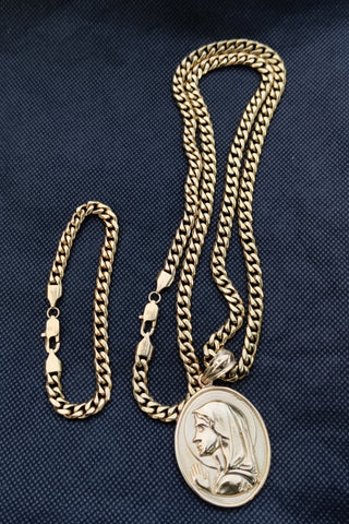 14k 6mm Gold Plated Cuban link Chain bracelet and Pendant