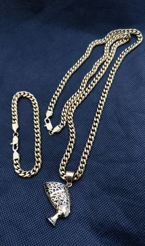 14k 6mm Gold Plated Cuban link Chain bracelet and Pendant