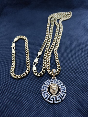 14k 6mm Gold Plated Cuban link Chain bracelet and Pendant