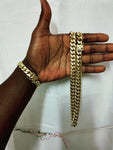 14k gold-plated 12mm Flat Cuban link chain and bracelet set