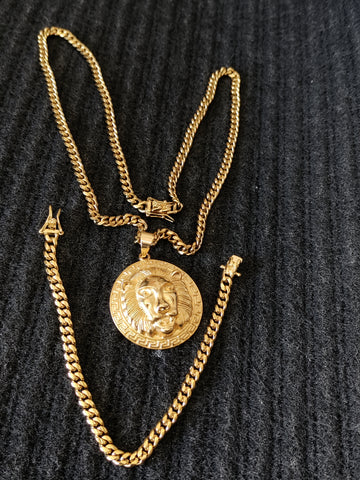 14k 6mm Gold Plated Cuban Link Chain Pendant and Bracelet Set