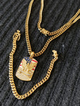 14k 6mm Gold Plated Cuban Link Chain Pendant and Bracelet Set