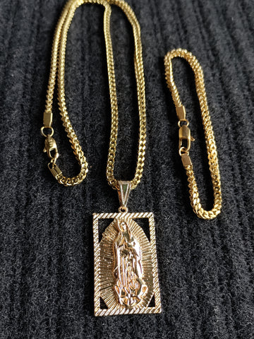14k 3mm Gold plated Franco Chain Bracelet and Pendent Set