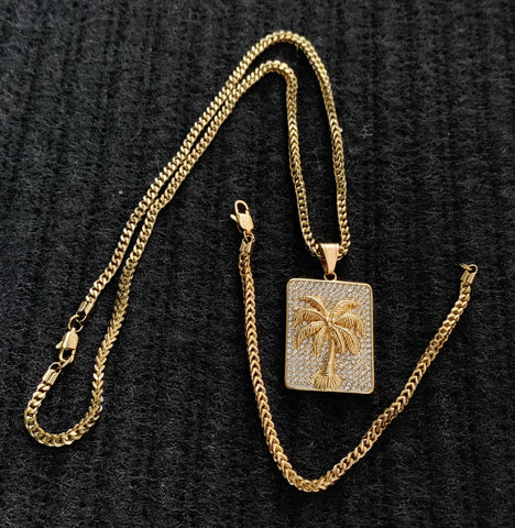 14k 3mm Gold plated Franco Chain Bracelet and Pendent Set